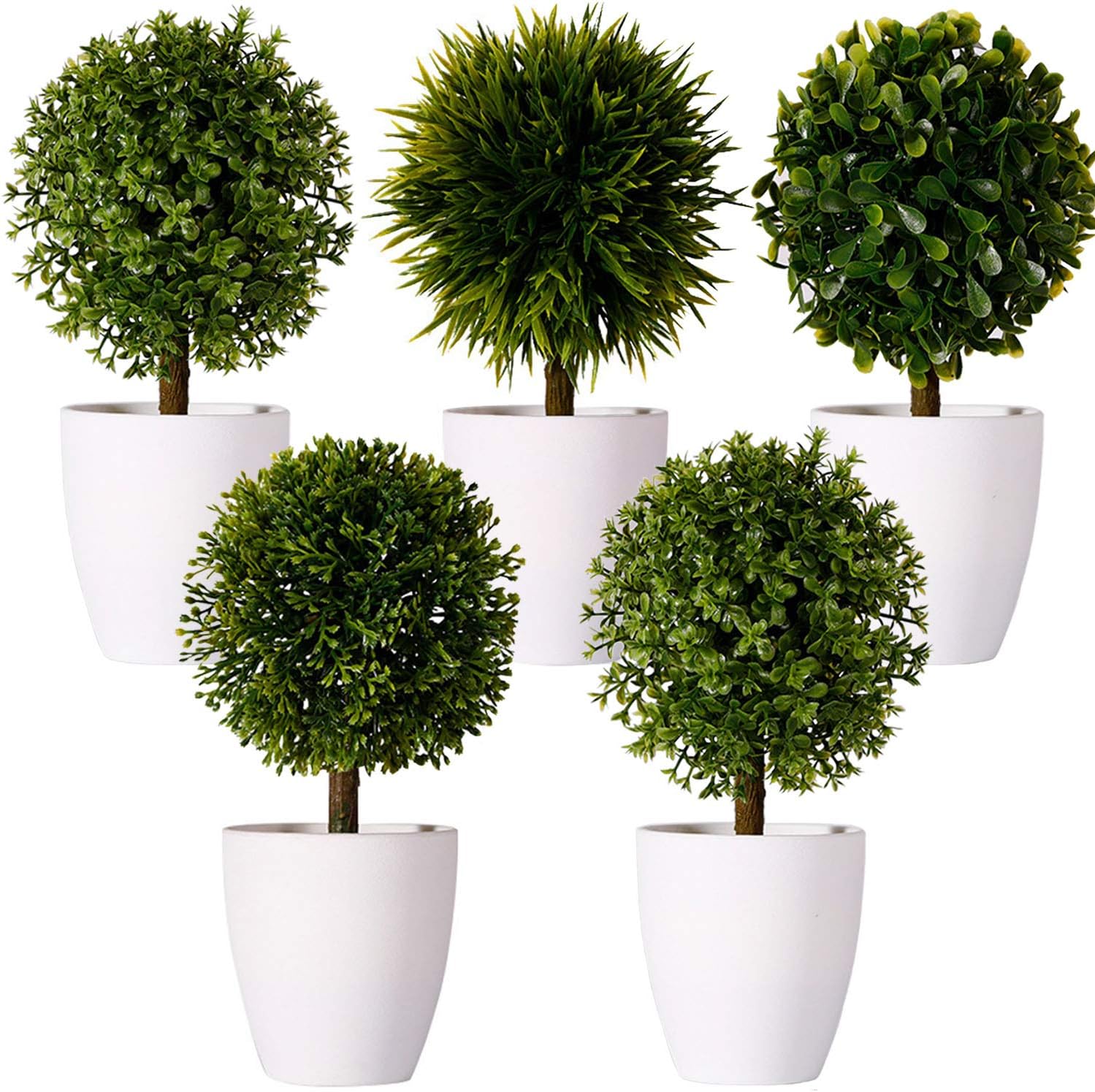 FagusHome 8" Artificial Plants Potted Artificial Boxwood Topiary Tree Artificial Ball Shaped Tree Fake Fresh Green Grass Flower in White Plastic Pot for Home Décor – Set of 5 (B) -