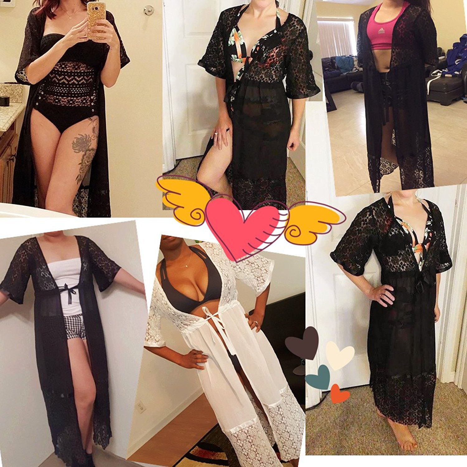 Fedpop Women's Floral Lace Chiffon Beachwear Swimsuit Cover Up Cardigan