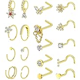 BSJ4U Gold Plated Silver Nose Rings for Women Men Stainless Steel Hypoallergenic Nose Piercing Jewelry 20G L Shaped Corkscrew Nose Rings Hoops Heart Butterfly Flower CZ Nose Studs