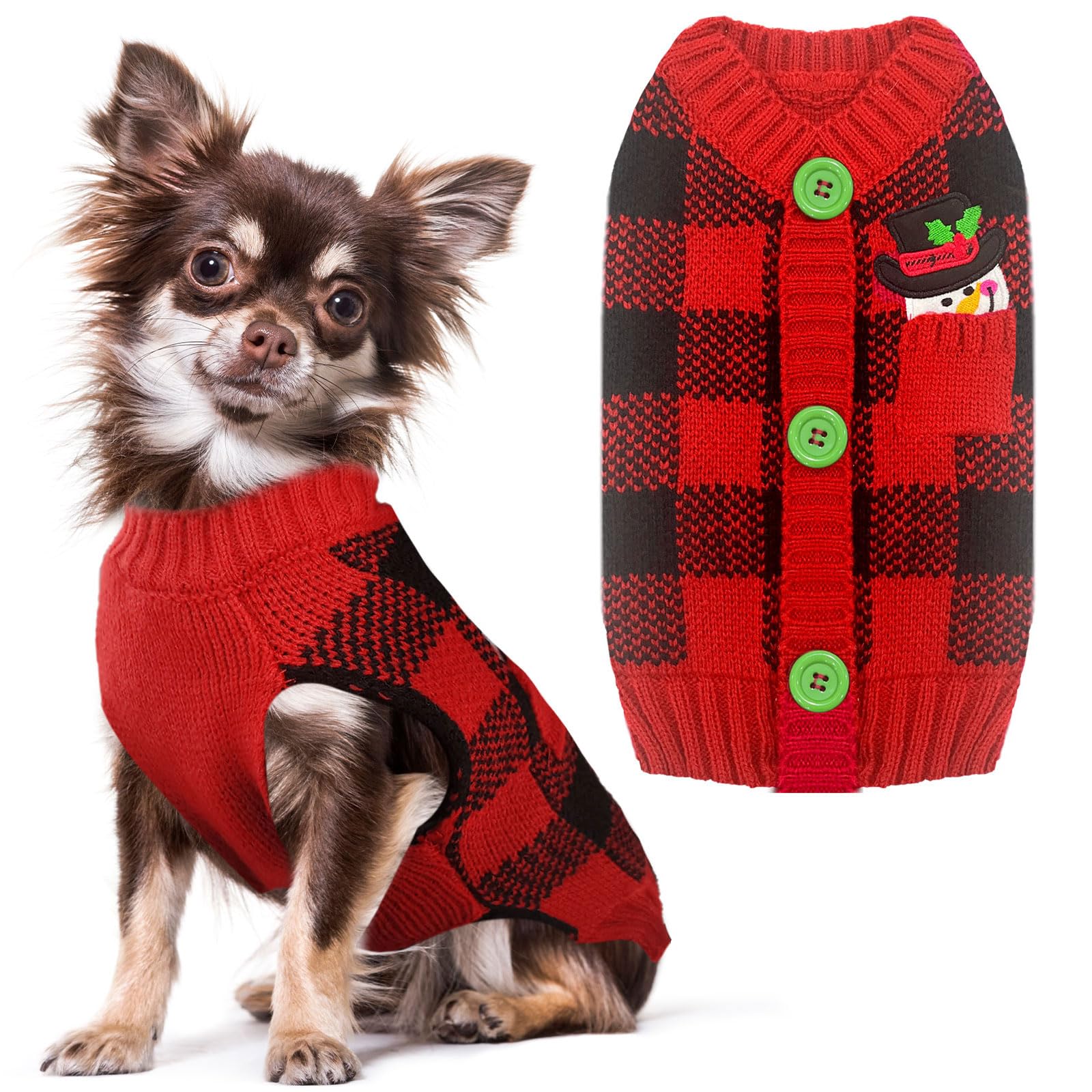 HRTTSY Dog Christmas Jumper Outfits V-Neck Red Plaid Snowman Puppy Dogs Sweater Clothes for Small Medium Large Dog Cat Warm Winter Knitwear Pet Pullover Vest,X-Small (Decorative Buttons. Can't Untie)