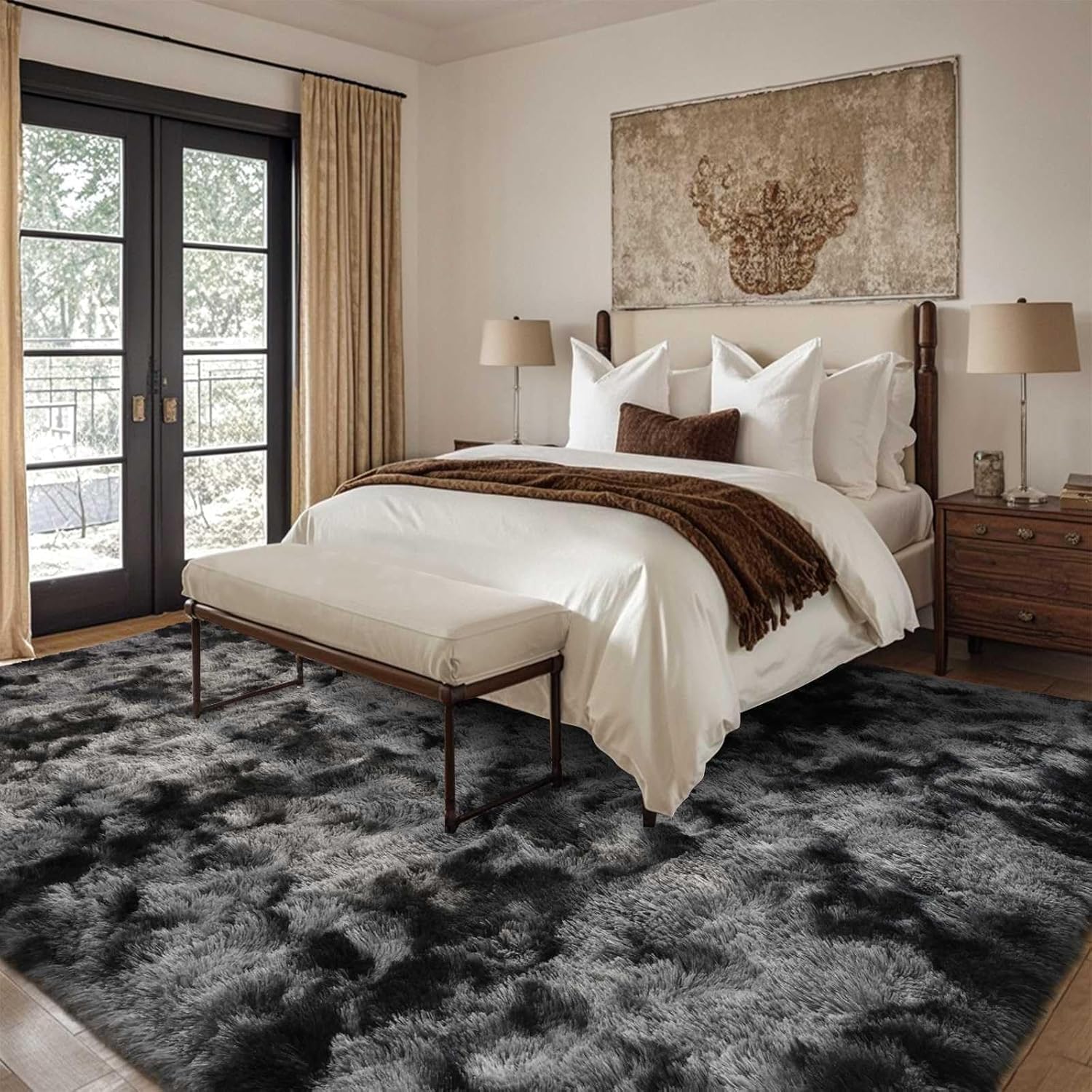 Photo 1 of 5x7 Ft Large Shag Rugs for Bedroom Living Room Decor for Men Boys, Tie Dyed Ultra Soft Fluffy Furry Area Rug for Indoor Floor, Aesthetic Carpet for Home Decor (Dark Grey)