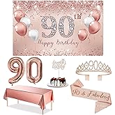 Trgowaul 90th Birthday Decorations Party Set for Women, Rose Gold 90 Birthday Banner and Tablecloth, 90 & Fabulous Sash and Tiara, 1PC Happy 90th Birthday Cake Topper, Pink Gold 90 Number Balloons