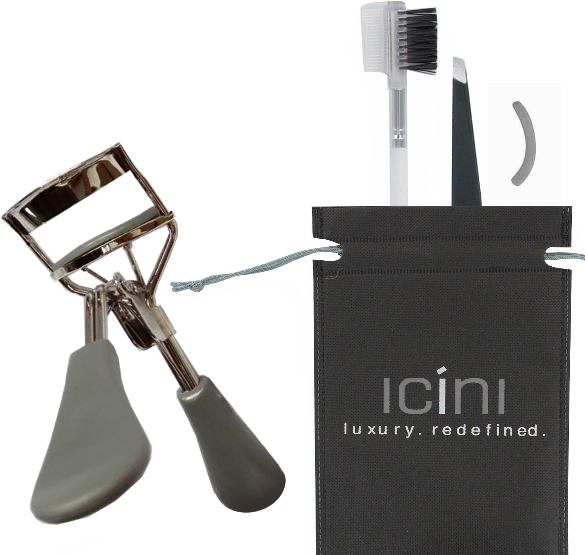 ICINI Essentials- Precision Eyelash Curler + Slant Tip Tweezer + Eyebrow Brush/Eyelash Separator + Eyelash Curler Refill Pad + Carrying Bag (White/Silver)