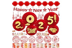 LeeLoon Chinese New Year Decorations 2025 Spring Festival Hanging Ornaments Paper Fans Red Lantern Happy New Year Banner Red Envelopes Chinese Fu Character Stickers for Lunar New Year Decorations