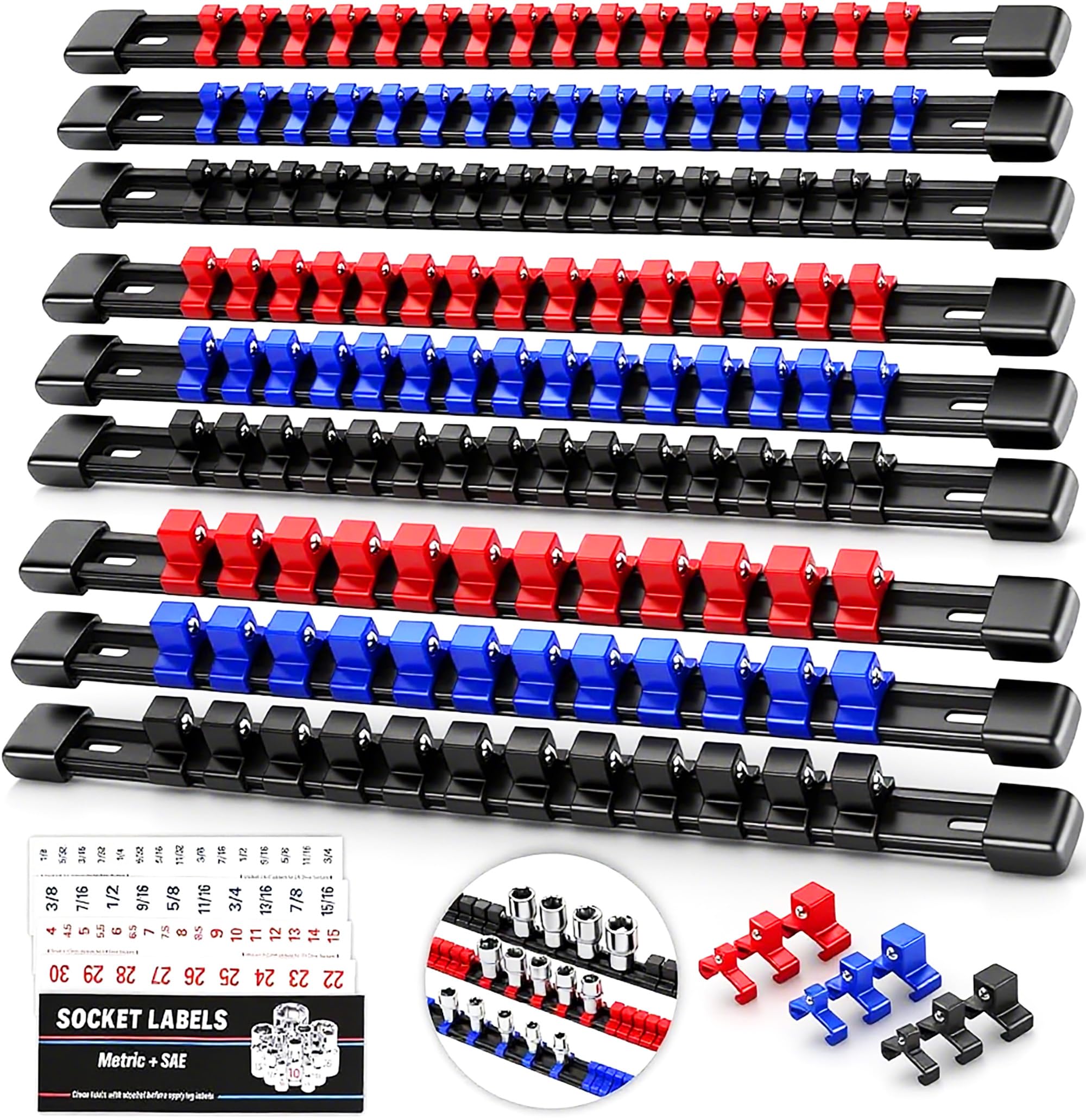 Photo 1 of Socket Organizer Holder Tool Box: 9-Piece Socket Holders 1/4 X 48 Clips 3/8 X 45 Clips 1/2 X 36 Clips Socket Rail Heavy Duty Holder w Socket Labels Socket Organizer for Tool Box Drawer(Red&Blue&Black)