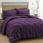 UNIKOME Queen Comforter Set Purple - Ultra Soft Boho Pintuck Down Alternative Bedding Set for All Seasons, 3 Pieces Warm Pinch Pleat Bed Set with Comforter, 2 Pillowcases