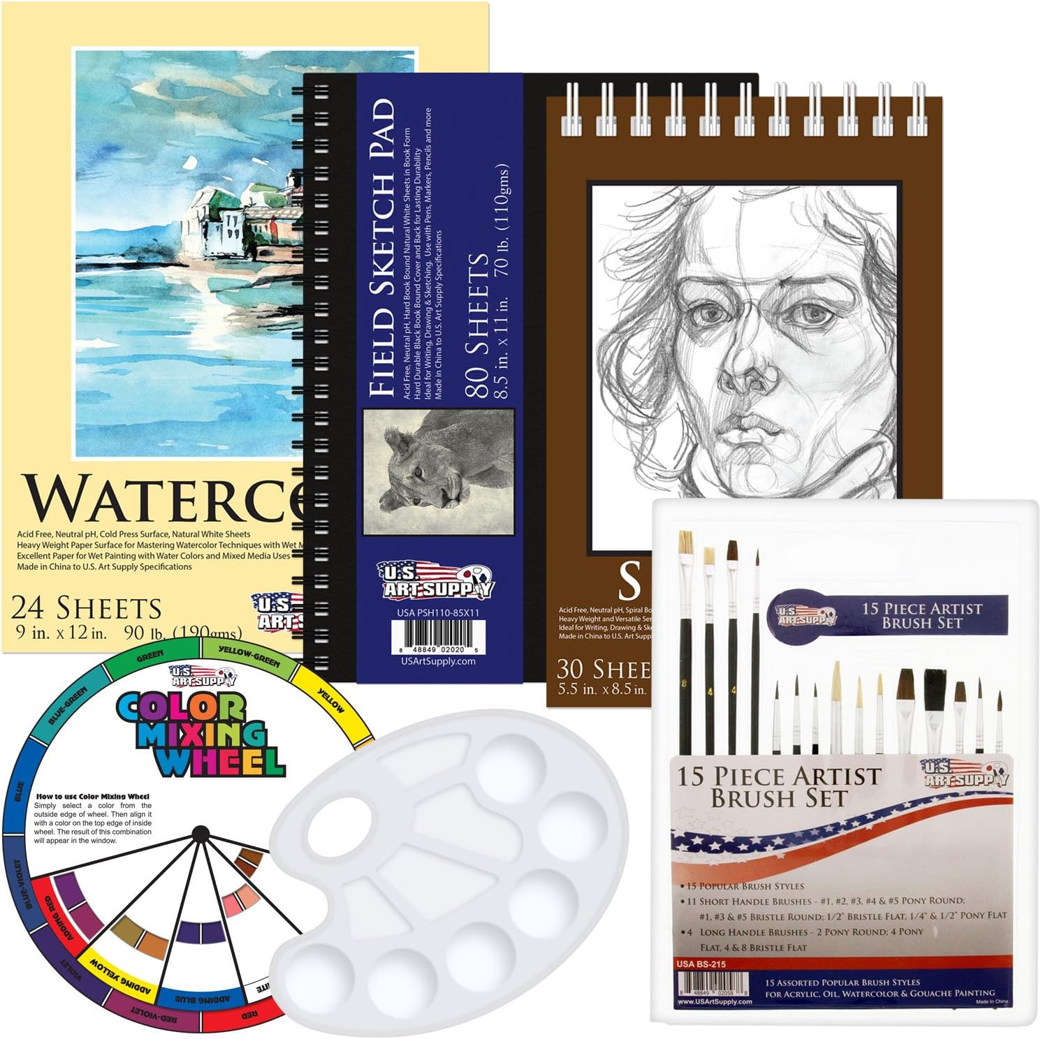 Us Art Supply 20 Piece Artist Drawing Sketch And Painting Paper And Brush Accessory Pack