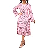 VERWIN Women's Elegant Floral Sequin Mesh Flare Long Sleeve Swing Cocktail Party A-Line Midi Dress