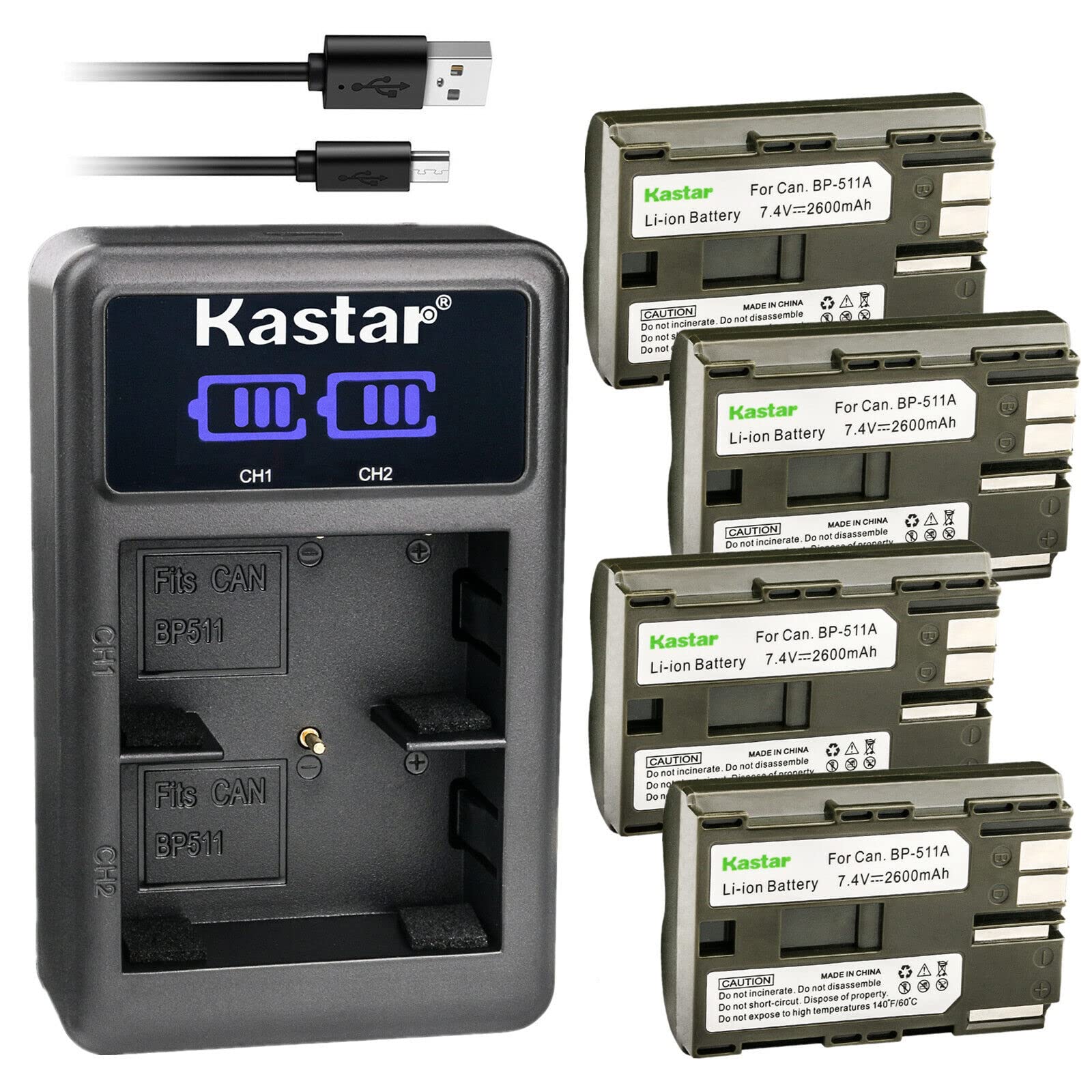 Kastar 4-Pack BP-511A Battery and LED2 USB Charger