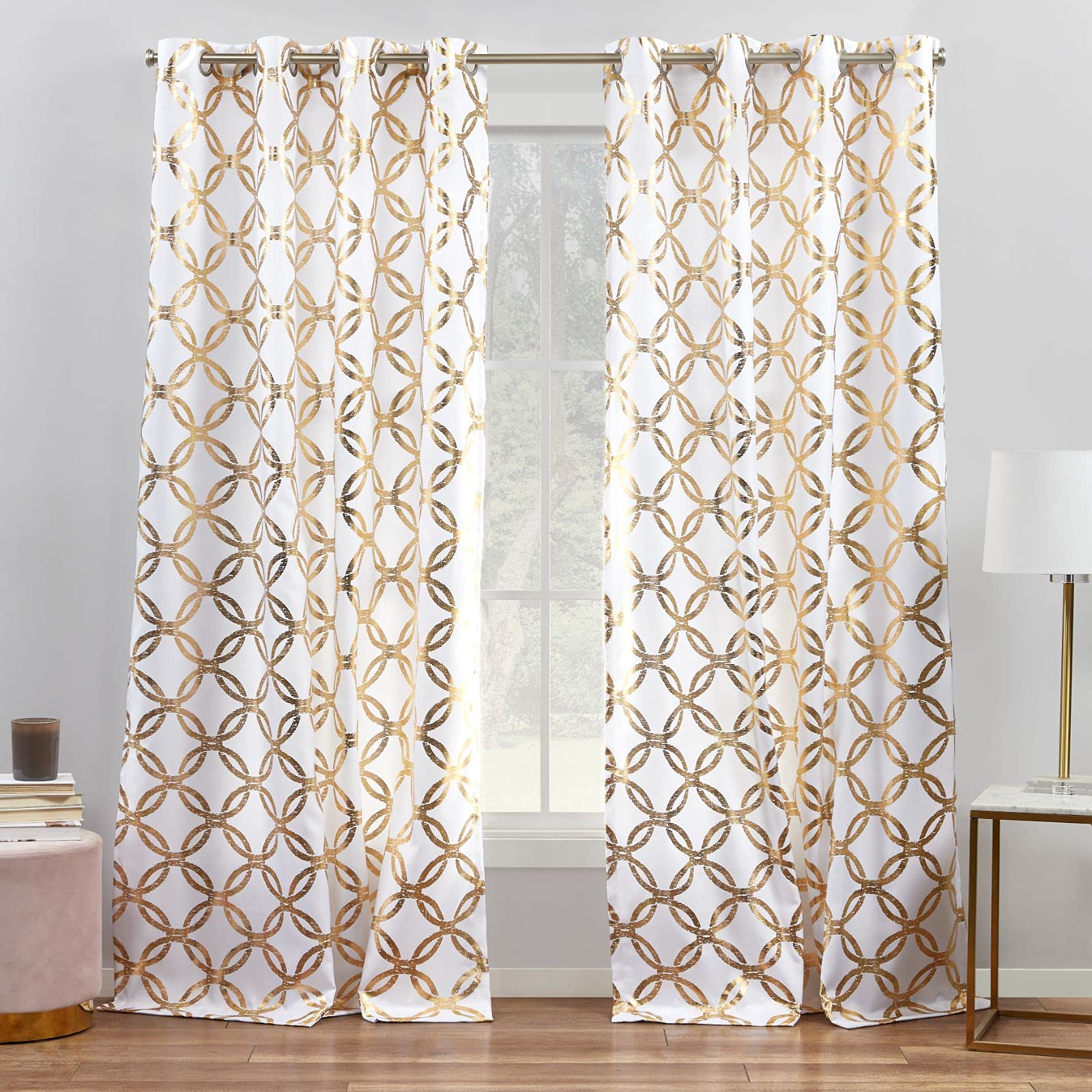 Exclusive Home Modo Metallic Geometric Grommet Top Curtain Panel Pair, 54"x96", Winter/Gold