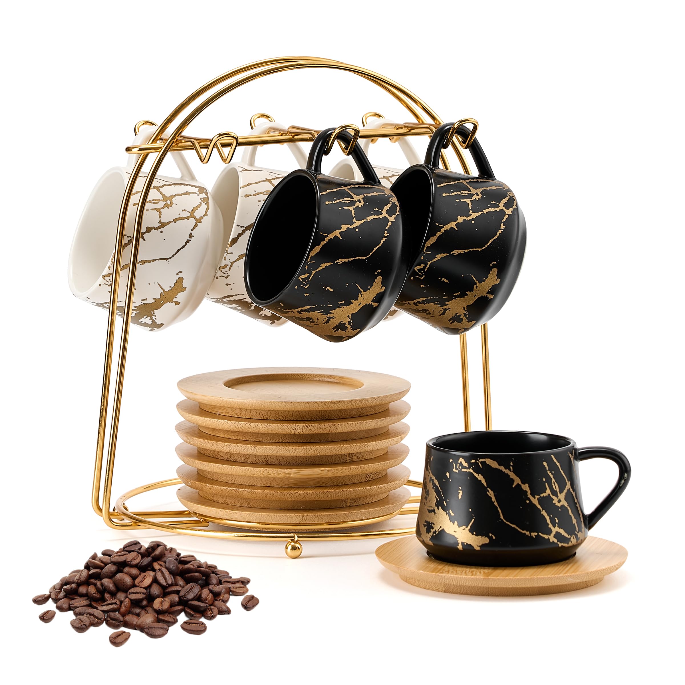 Mua PORCER 6×130 ml (4,4 oz) Keramik-Kaffeetassen & Holzuntertassen mit goldenem Metallständer, stapelbare Cappuccino-, Espressotassen für Spezialitäten-Kaffeegetränke, Latte, Americano, Tee - Elegantes trên Amazon Đức chính hãng 2026