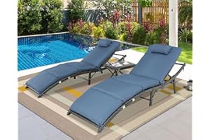 BPTD 3 Pieces Patio Chaise Lounge Rattan Chairs Lounge Chairs for Outside Pool Lounge Chairs Set of 2 Lounge Chair with Table for Poolside Porch Lounging Garden and Backyard (Navy, with Table)