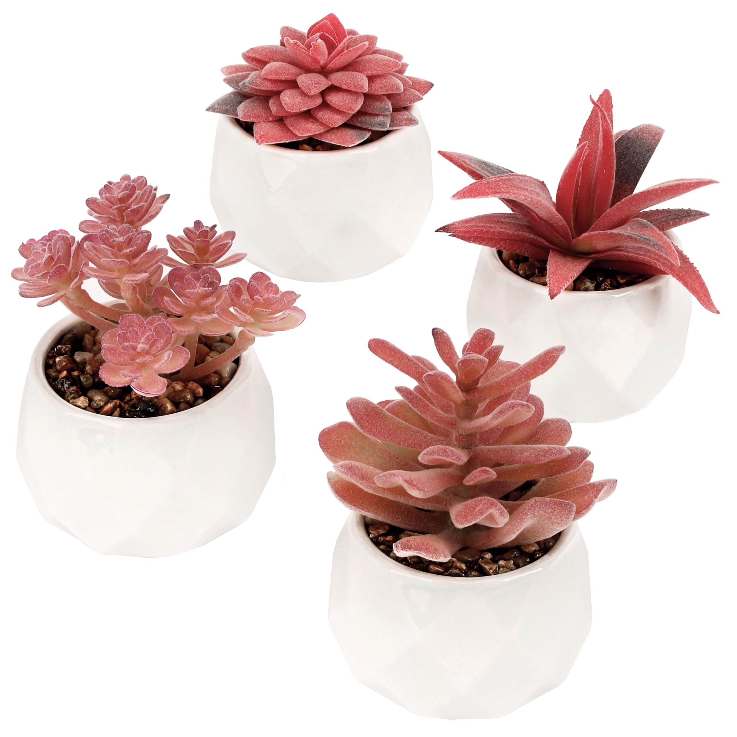 BELLE VOUS Pack of 4 Pink Artificial Succulent Plants in Pots - Decorative Faux Potted Flowers - Realistic Mini Fake Plants in Ceramic Pots for Home, Office, Table/Desk, Bedroom, or Bathroom Decor