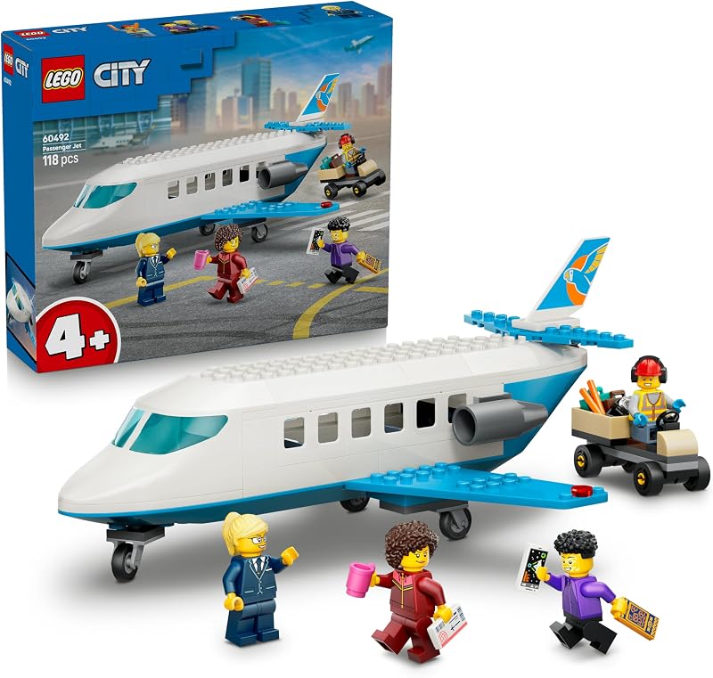 City Passagierjet Spielzeug - Flugzeug Modellbausatz mit 4 Minifiguren und Reisezubehör - Lernspielzeug - Geburtstagsgeschenk für Jungen ab 4 Jahren - 60492