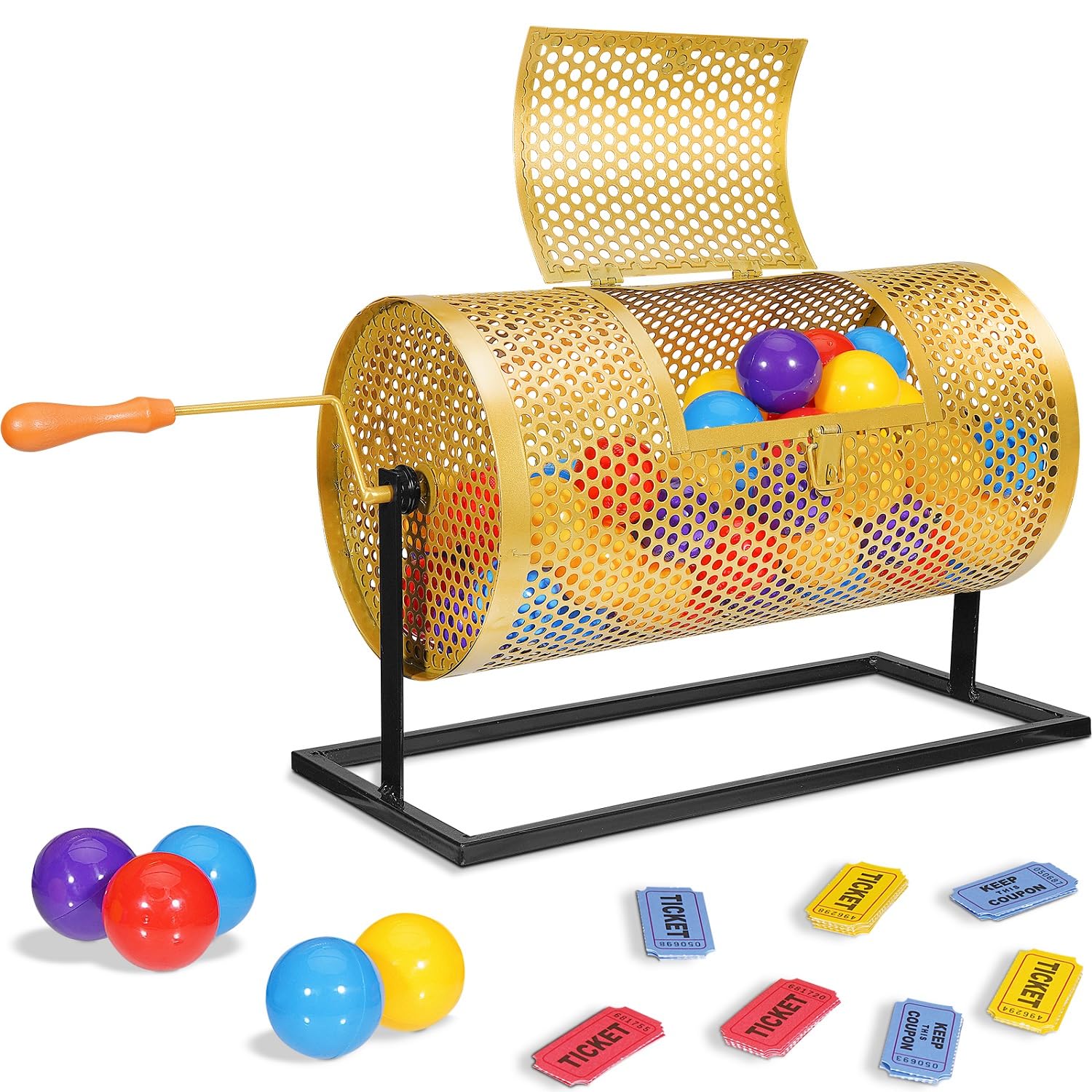 Photo 1 of Metal Raffle Drum Spinner, Silent Lottery Drawing Cage with Wooden Turning Handle & Ball Bearing, Large Capacity Holds 2500 Tickets, for Bingo, Fundraisers, Events, Company Parties