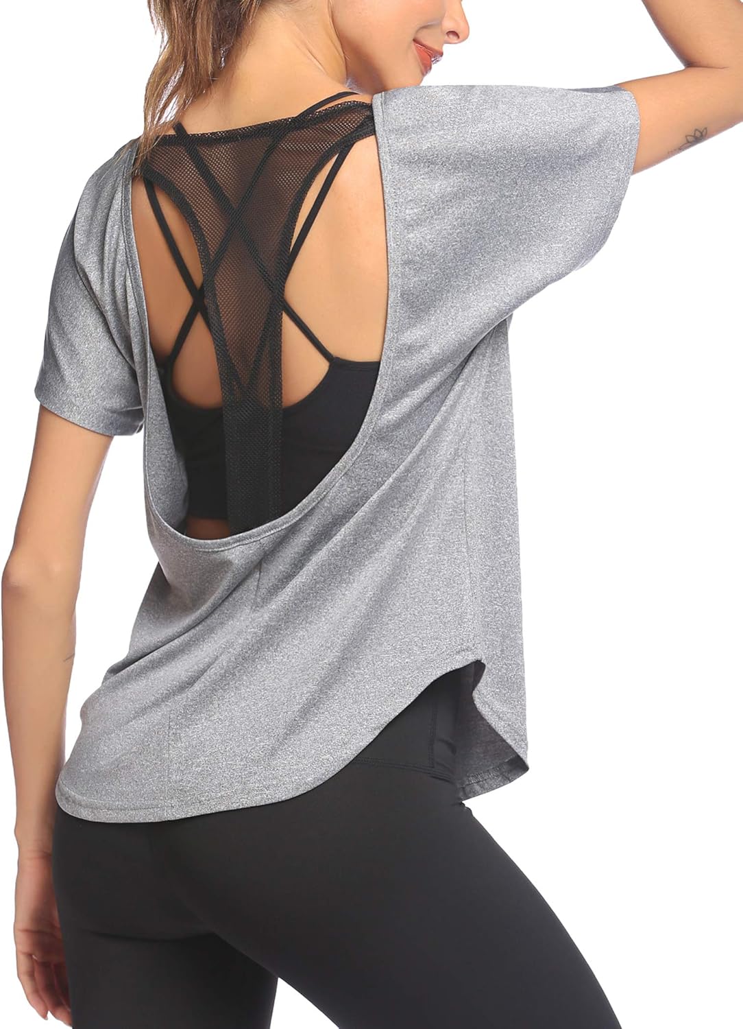 COOrun Workout Tops for Women Loose Fit Yoga Shirts Mesh Open Back Women Active Sports Running Clothing: Clothing