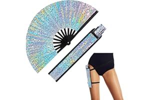 FairySandy Large Rave Fan UV Glow Hand Fan with Holster for Men/women, Disco Party Favor for Edm Music Festival Club Rave Accessories(Silvery Reflective Ripple)