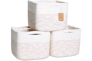 NaturalCozy 9" x 9" x 7" Cube Shelf Baskets 3 Pack (Off White & Rainbow Stitching)