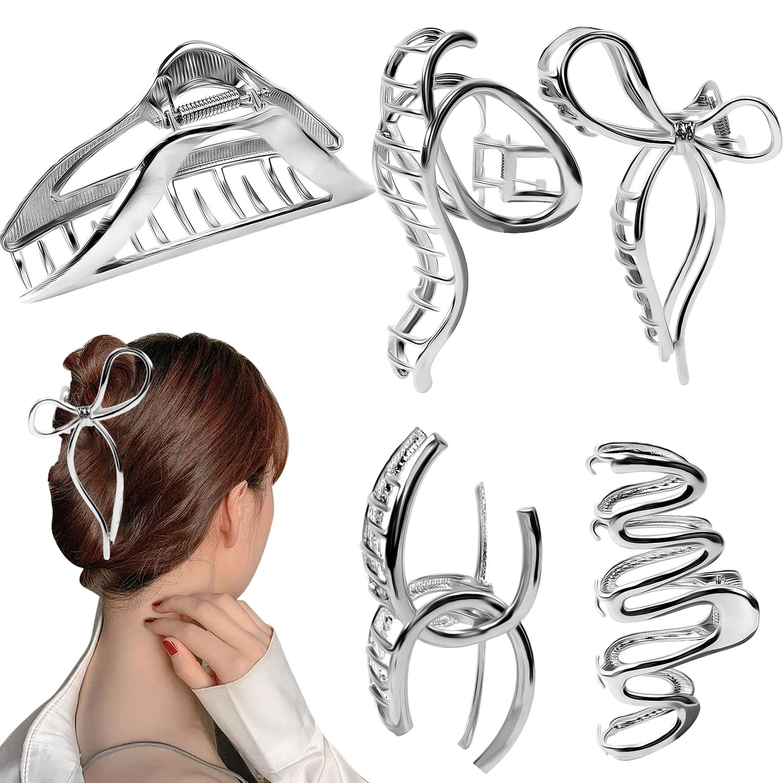5Pcs Metal Hair claws clips, Large Hair Claws for Thick Hair, Strong Hold Hair Clips for Women Girls (Sliver)