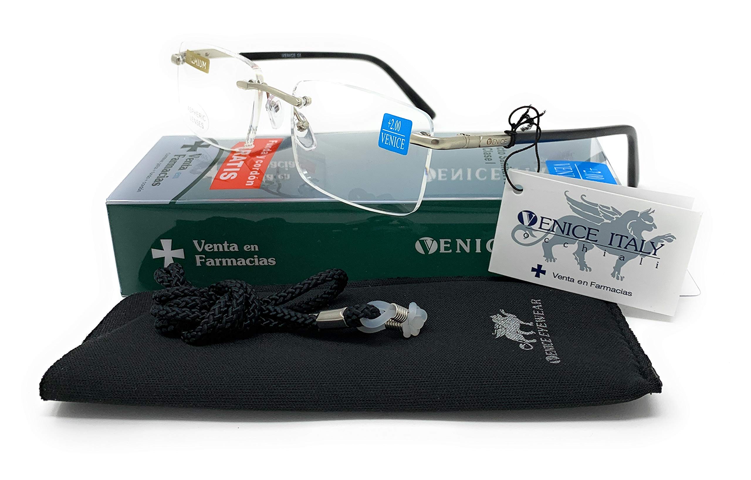 VENICE EYEWEAR OCCHIALI Reading Glasses Frameless Model AIR Spring Hinge Pharmacy Quality (Black, 3, diopters)