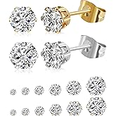 6 Pairs Stud Earrings Set, Hypoallergenic Cubic Zirconia Earrings, Silver 14K Gold Plated 316L Stainless Steel CZ Earring for Women Men 3-8mm