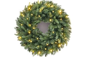 INSTREE CHRISTMAS 24 Inch Artificial Pre-Lit Christmas Wreath Spruce, 50 LED Warm White & Multi-Color Lights with Timer, Battery Operated, Holiday Decoration for Front Door, Outdoor