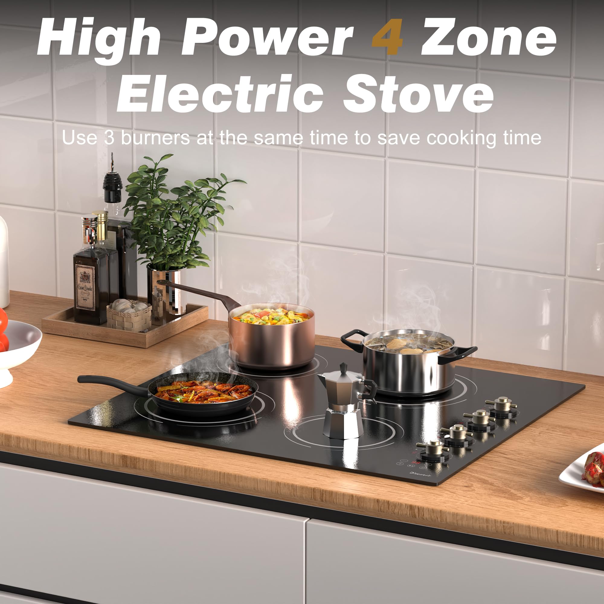 24 Inch Electric Cooktop - 4 Burner Drop-in Glass Ceramic Stove Top 6000W, 220V Radiant Electric Stove, 9 Power Level, Pause Key, Safety Lock, Touch & Knob Control, 240V Hard Wired (No Plug)