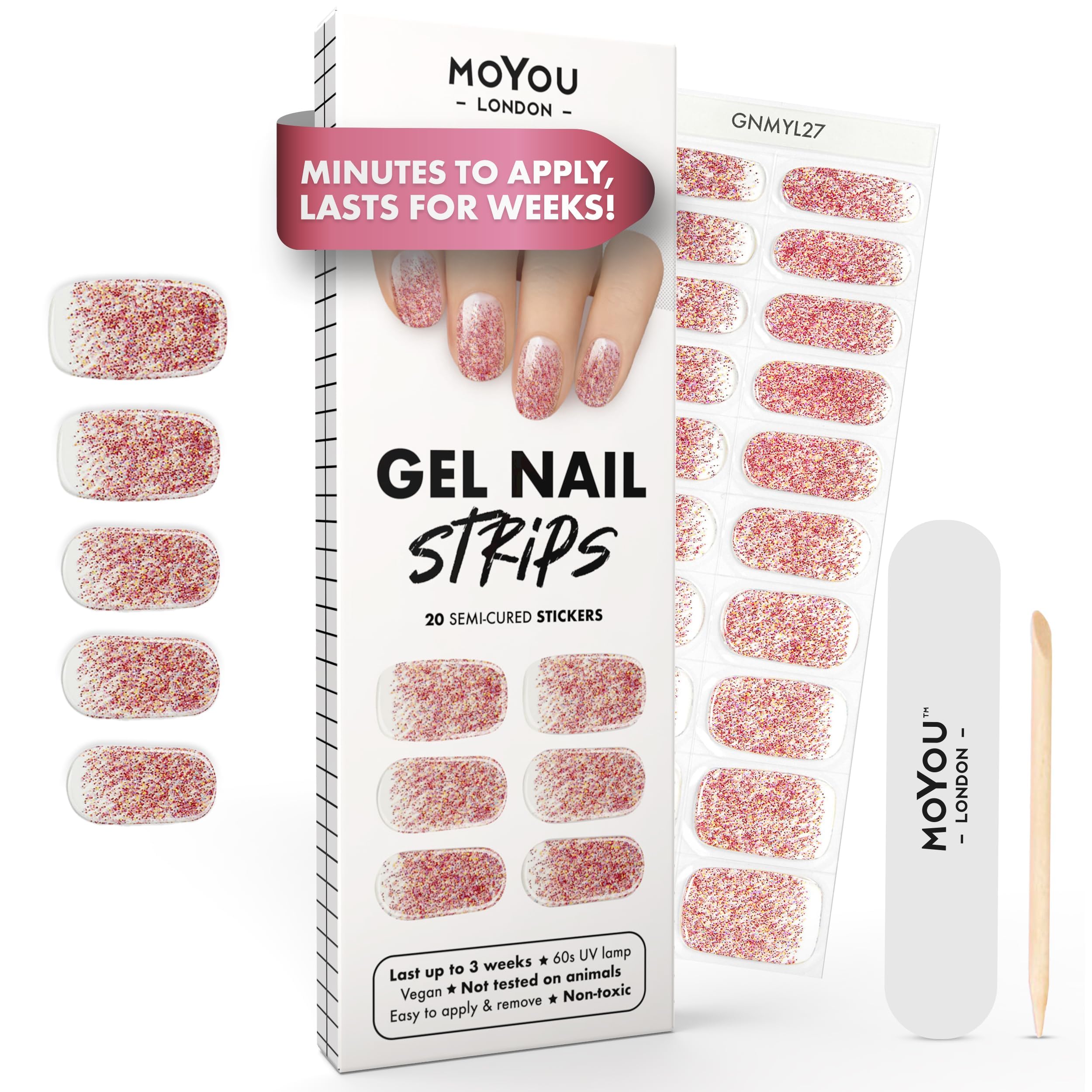 MOYOU LONDON Semi Cured Gel Nail Strips - 20 Pcs. Waterproof Gel Nail Wraps, Cures in Sunlight or UV/LED Lamp, Lasts Up to 2+ Weeks, Stretchable, Easy to Apply & Remove, Vegan & Cruelty-Free