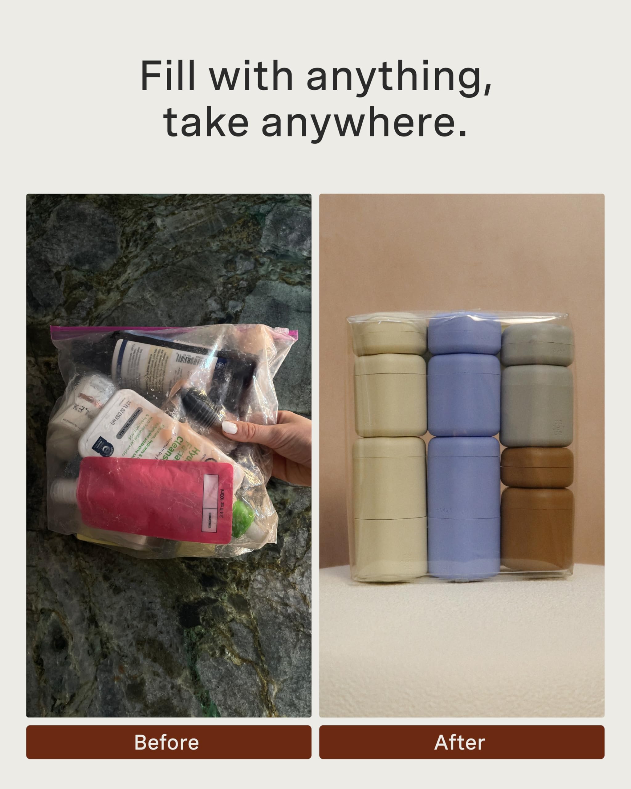 Cadence Travel Containers - Daily Routine Capsule Set - Magnetic Containers with Lids,4 Flex Mediums (1.32oz) & 3 Flex Smalls (0.56oz) - Shampoo, Conditioner, Body Wash, Pills, & More - Sand