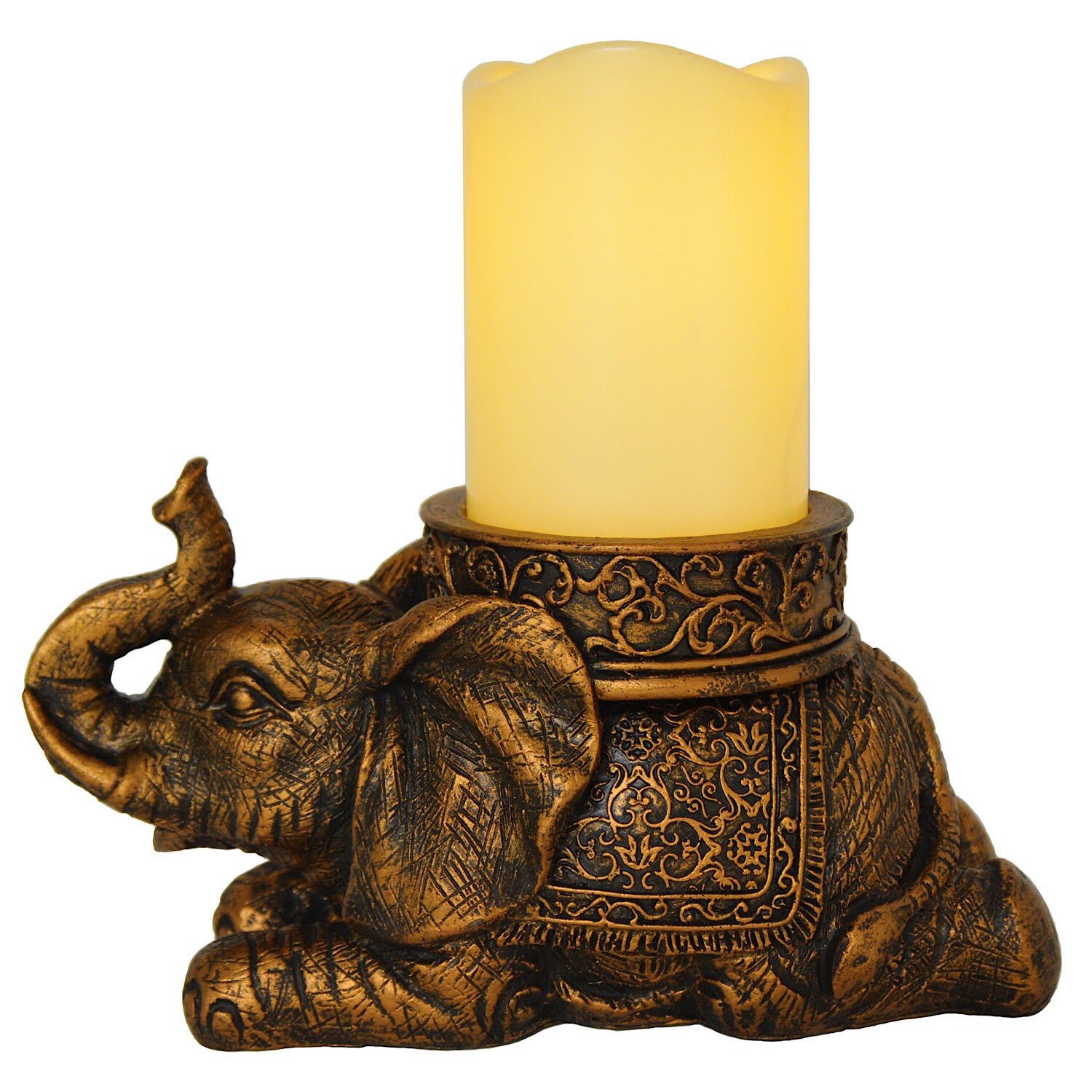 New Good Luck Gold Antiqued Elephant with Flameless LED Pillar Candle with Timer eBay