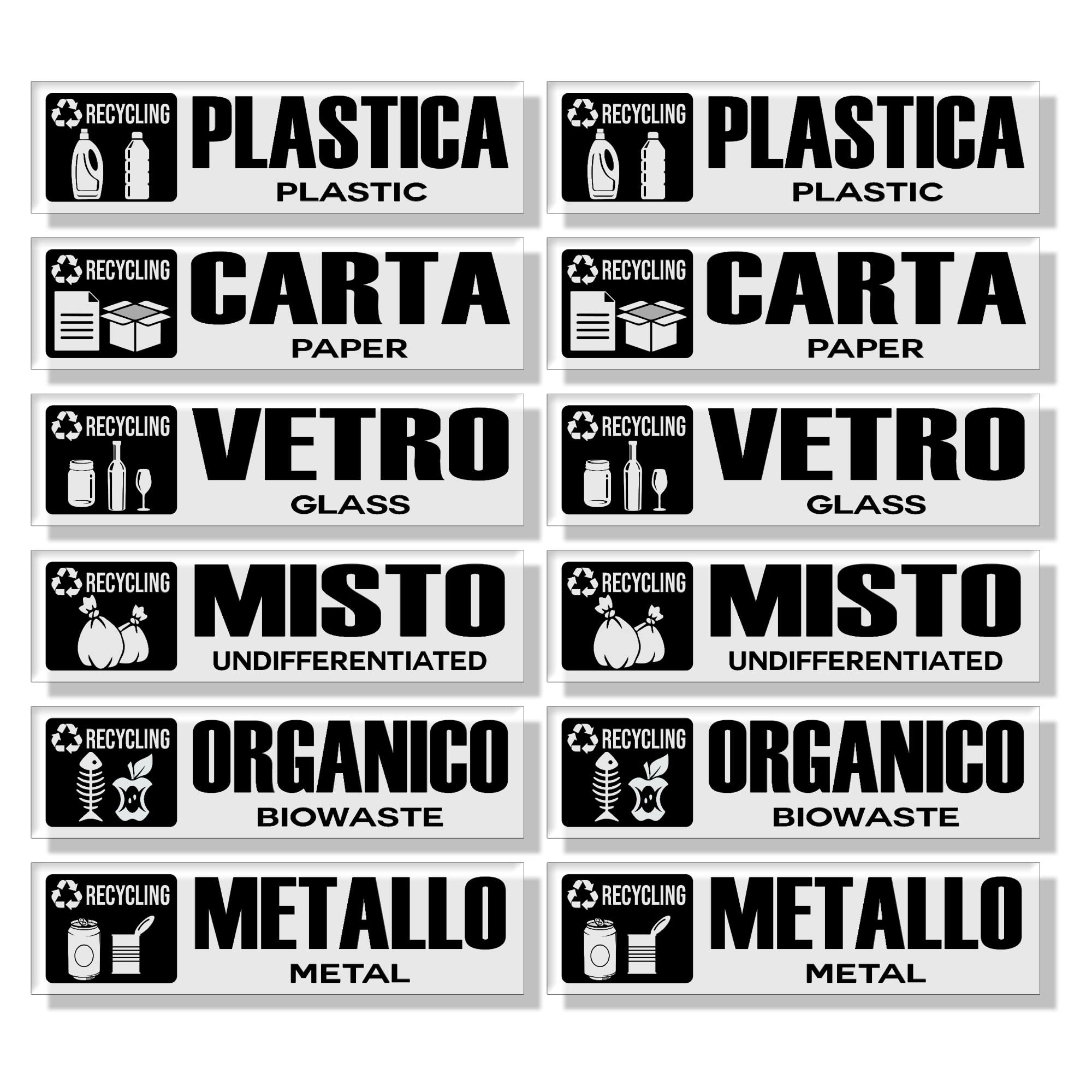 GamesMonkey® - Recycling Bin Stickers Waste Recycling Garbage v5 - TRANSPARENT - Washable Waterproof Illustrated - Italian English - Compliant with UNI 11686 (25x8 cm, 12 pieces)