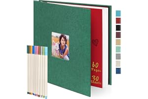 COLEMOLY Magnetic Scrapbook Photo Album DIY 60 Blank Self-adhesive Pages (11x10.6inch) Dark Green Linen or 4x6 8x10 Pictures with 10 Metallic Pens, Magnetic Scrapbook Album for Your Family and Friends