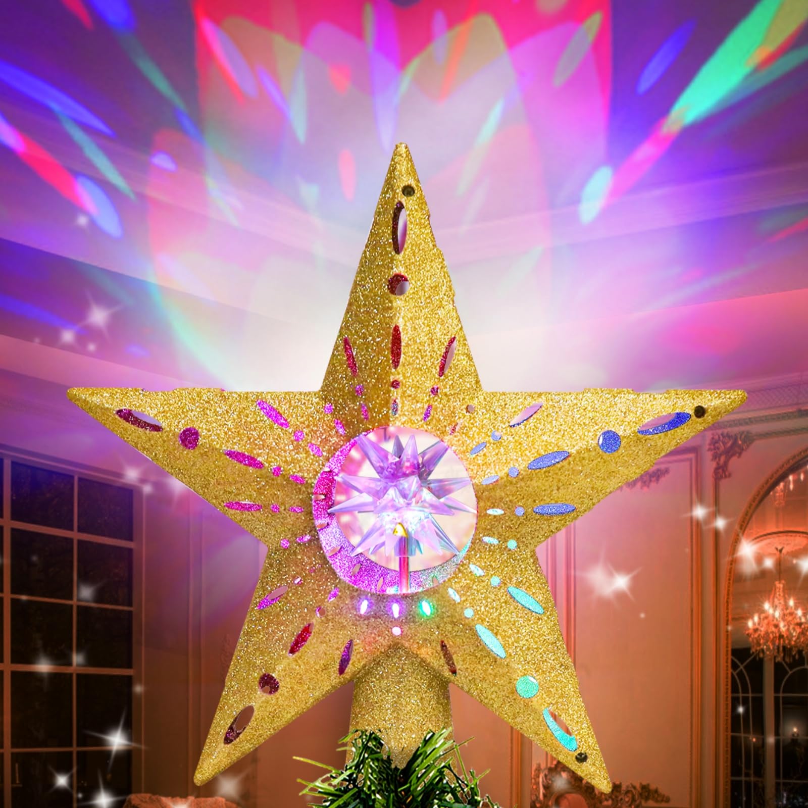 Photo 1 of Quntis Christmas Star Tree Topper Projector, 3D Rotating Moravian Tree Topper Plug In, Star Projection Lighted for Christmas Tree Decorations, Xmas Tree Decor for Home Holiday, Gold