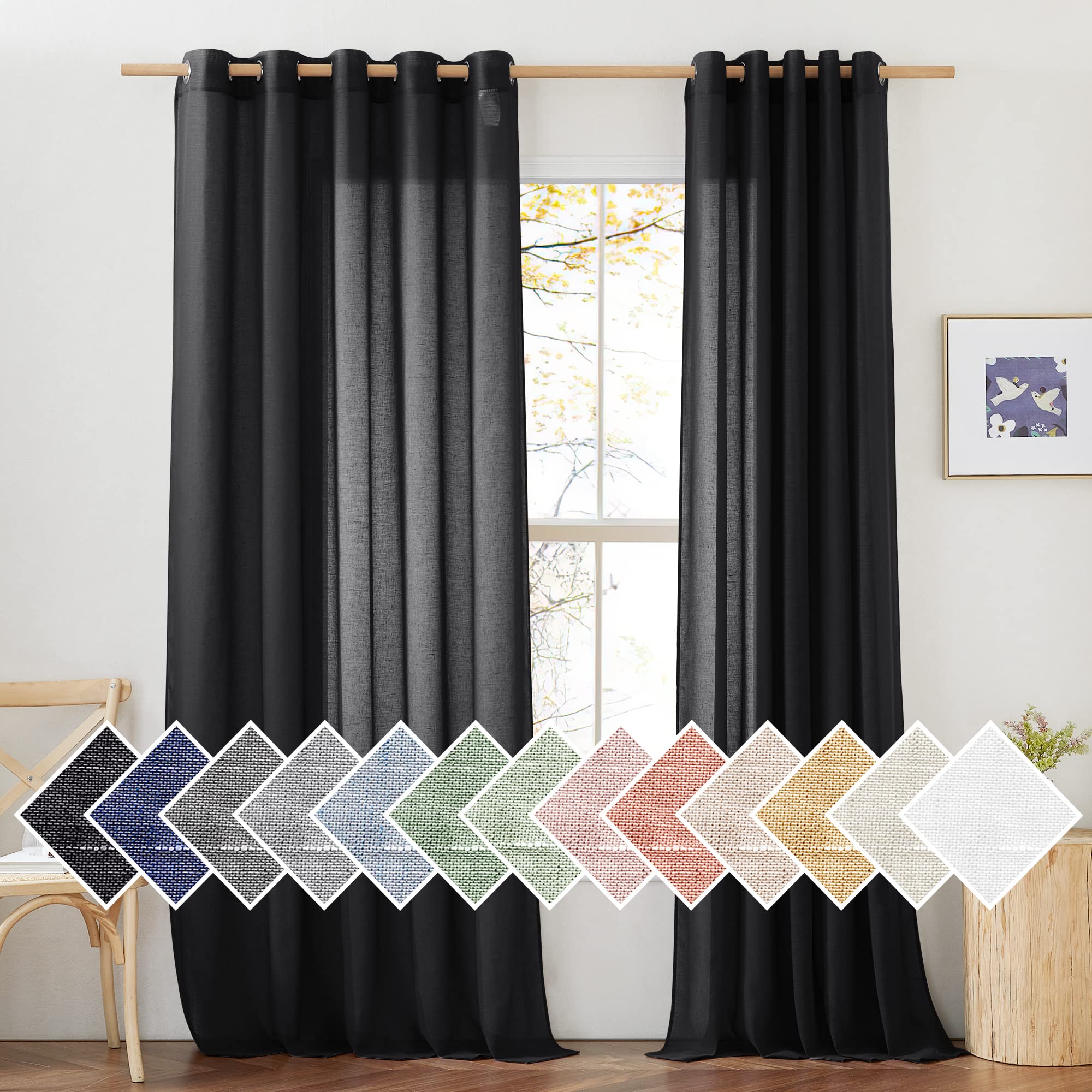 Photo 1 of NICETOWN Linen Sheer Black Curtains for Boys Room, Grommet Semi Sheer Privacy with Light Through Linen Blend Window Drapes for Living Room/Sliding Glass Door, W70 x L84, 2 Pieces