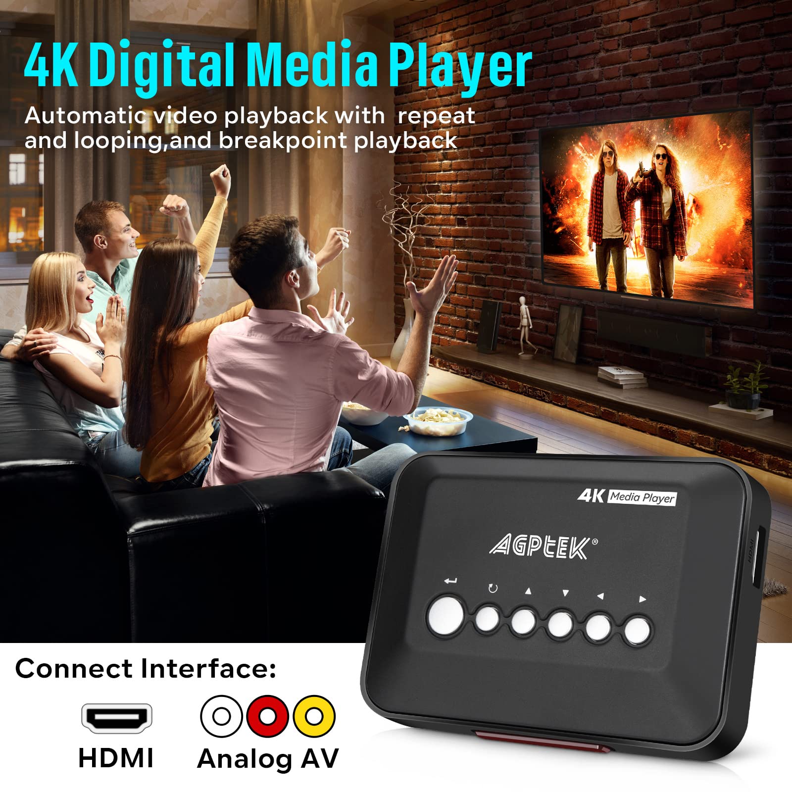4K@30hz HDMI TV Media Player & DC 5V 2A Power Supply Cord Charger, with HDMI/AV Output, Digital MP4 Player for 14TB HDD/ 512G USB Drive/SD Card/H.265 MP4, with Remote Control for MP3 AVI RMVB MPEG etc