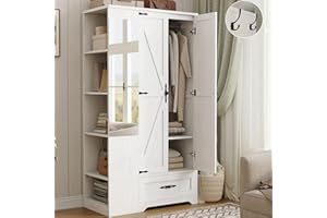 ANCTOR Armoire Wardrobe Closet with Mirror, 70" H Wooden Bedroom Armoires and Wardrobes with 2 Doors, 5 Shelves，Hooks and Drawer, Clothing Storage Cabinet with Hanging Rod, White