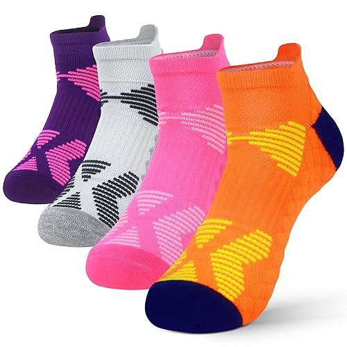WeciBor Bamboo Trainer Socks Womens Ankle Anti-blister Thick Cushioned Wicking Athletic Running Nonslip Socks, 4 Pairs Multicolor Sports, Size 6-8