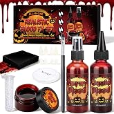 10PCS Halloween Fake Blood Makeup Kit Scary Cosplay SFX Make Up Kit | 4 Size Fake Teeth,2.0oz Fake Blood Spray,2.0oz Stage Blood,1.0oz Coagulated Gel,1 Sponge,1 Eyebrow Pencil &amp; 1 Cleansing Soap
