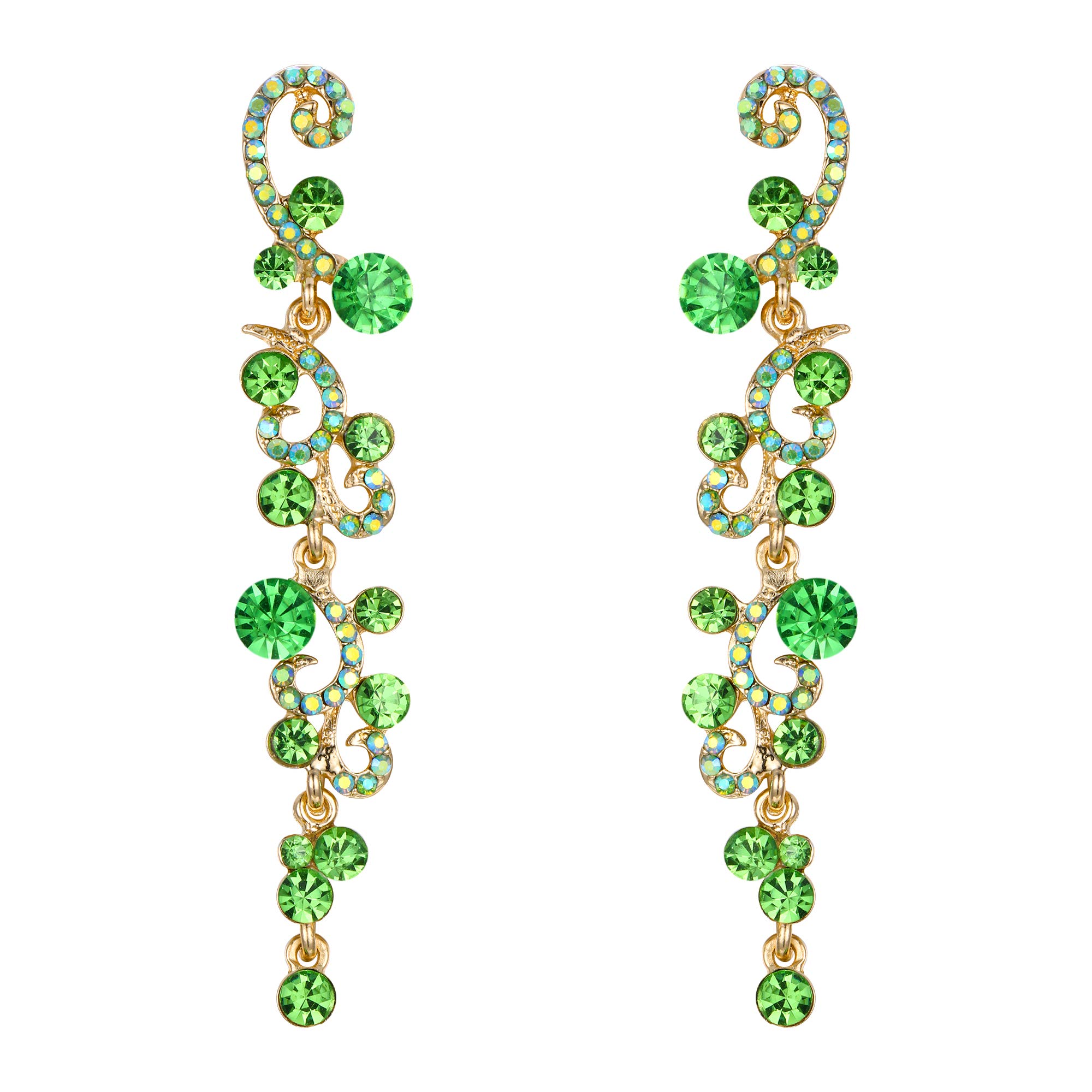 EVER FAITH Light Green Earrings for Women Dangling, Sparkly Rhinestone Crystal Vintage Floral Vine Long Drop Dangle Earrings Wedding Party Jewellery for Brides Bridal
