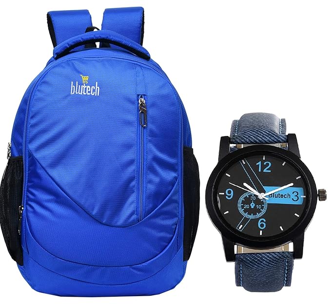 B2 Full Blue Stylish Bag+Analog Blue Watch for Mens