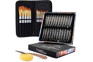 LOOMINI Acrylic Paint Brushes Set of 15, with Paint Set Included with 24 Acrylic Paints