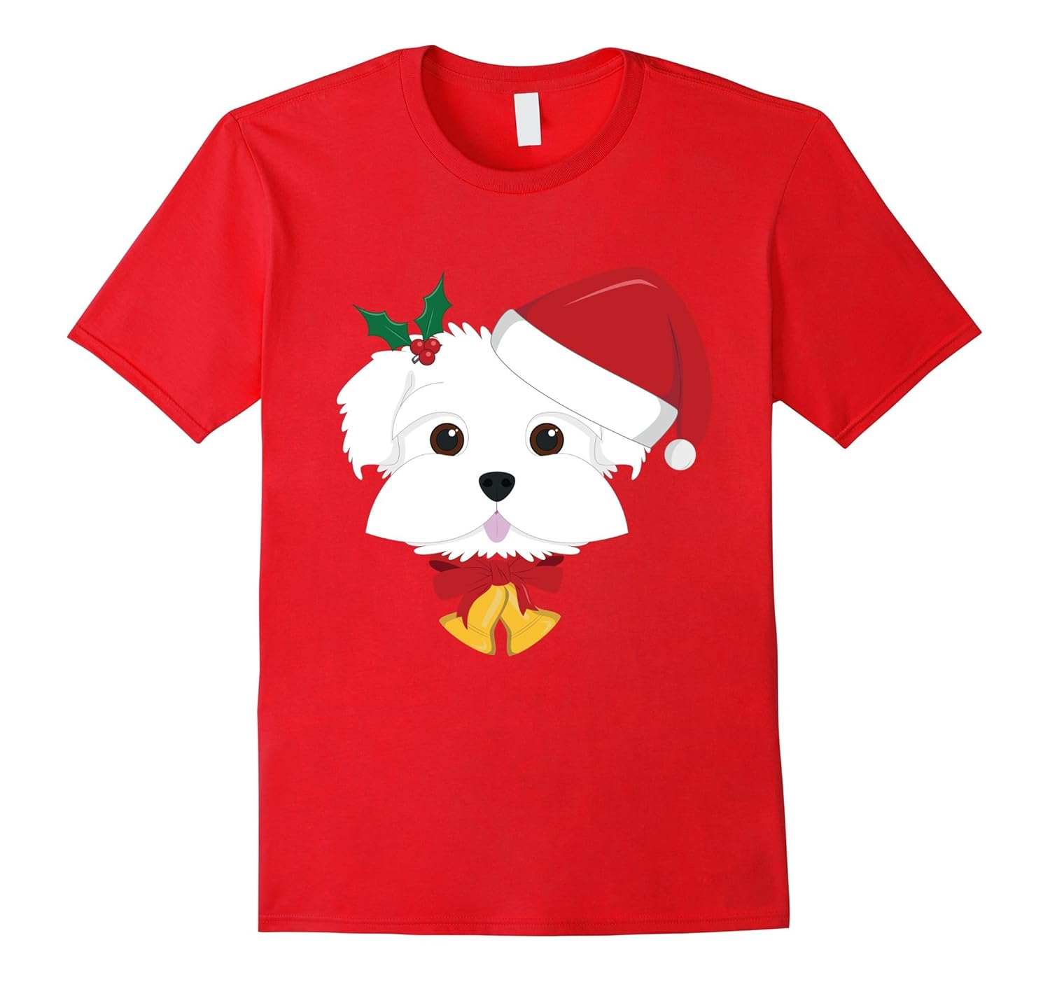 Maltese Dog With Red Santa's Hat And Xmas Bells Xmas Tshirt-Rose