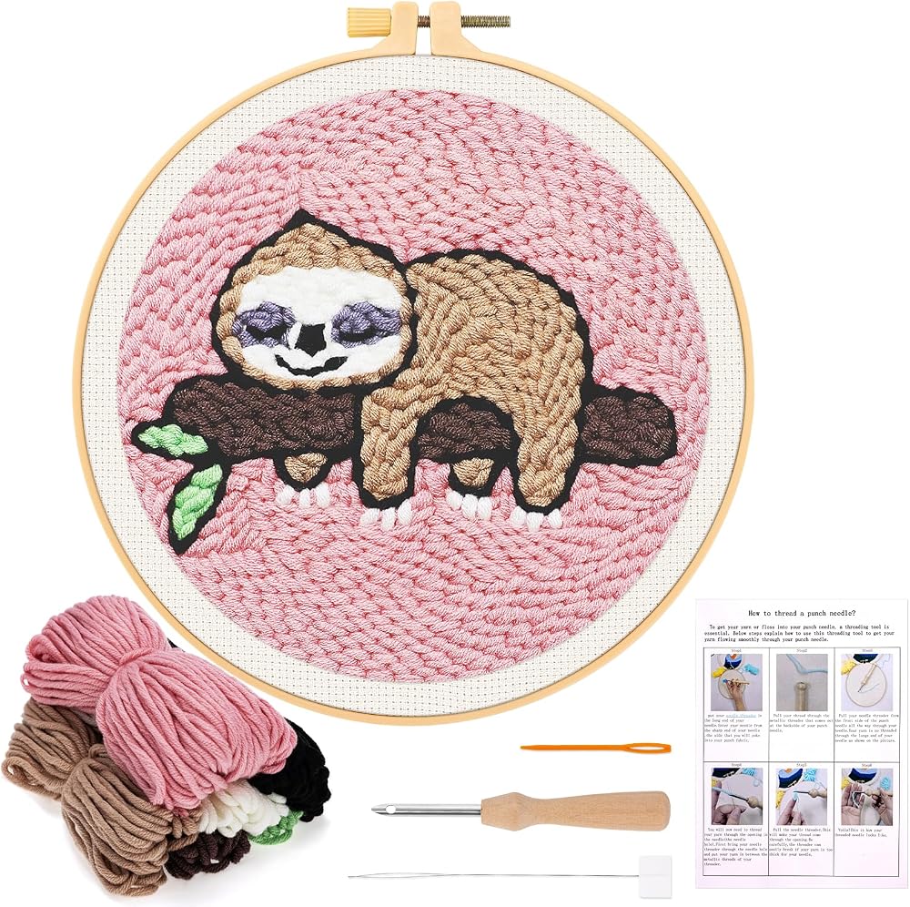 JSRQT Punch Needle Kit for Beginners Sloth Pattern Embroidery Starter Craft Set