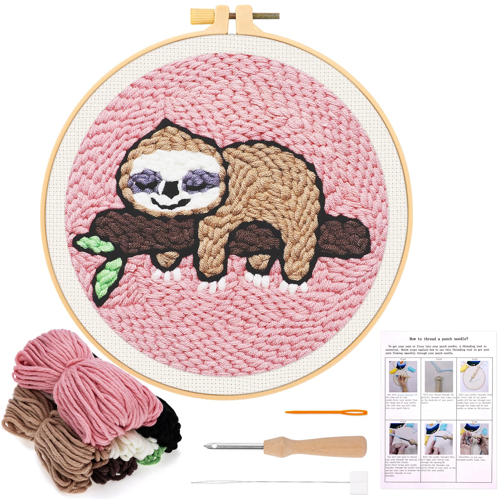 JSRQT Punch Needle Kit for Beginners Needle Punch Starter Kits with Sloth Pattern Handcraft DIY Embroidery Kit DIY Punch Needle Craft with Instructions Punch Needle Hoop Kit for Kids Adults Craft