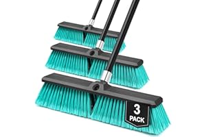 TidyBliss 18” Push Broom Outdoor Heavy Duty 3 Pack, Large Commercial Stiff Bristle Brush with 63 inches Long Handle for Garag