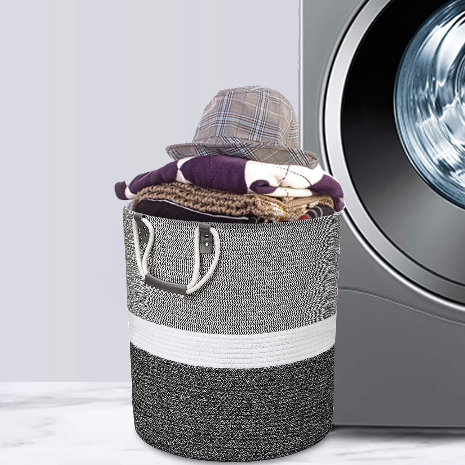 17x17x19 Inches Large Cotton Rope Basket, Storage Basket, Woven Laundry Hamper, Toy Storage Bin, Nursery Storage Basket, Baby Bin Organizer, White & Black: Home & Kitchen