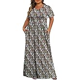 Tencede Womens Plus Size Maxi Dresses Summer 2026 Casual Short Sleeve with Pockets Long Dress 1X-5X