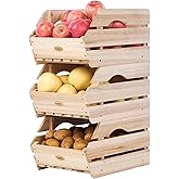 Wood Potato Onion Storage Bins - Wooden Stackable Produce Basket - Fruit Vegetable Storage for Kitchen Pantry Organization, Set 3 Pieces