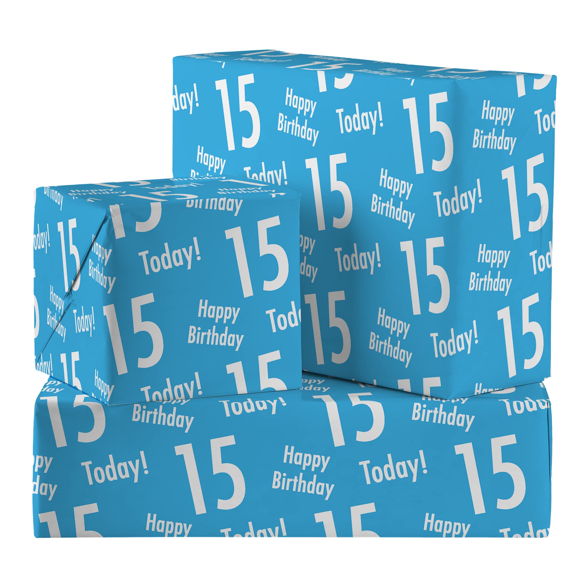 Hunts England - 2 Sheets Of 15th Birthday Blue Luxury Wrapping Paper For Boy - Includes 2 Gift Tags - Age 15 Male Folded Gift Wrap - Urban Colour Collection - Age Fifteen Gift Wrap For Boys