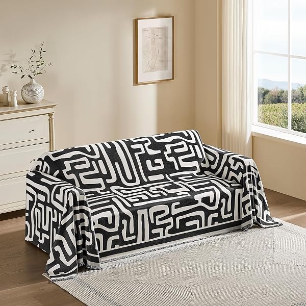 MAYMISS BOHO COUCH COVER FOR DOGS WASHABLE CHENILLE SOFA COVERS REVERSIBLE SOFA SLIPCOVER PET FRIENDLY FOR SECTIONAL SOFA, 2 OR 3 CUSHION COUCH (BOHO2 BLACK, 71″ X 150″)